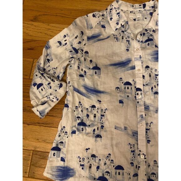 Charter Club women white rolled sleeve pattern linen button down collared top PL - Picture 2 of 9